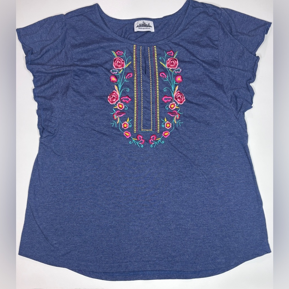 Metropolitan Blue Embroidered Boho Floral Flutter Sleeve Top